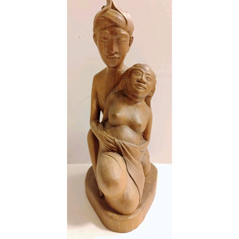 Vintage Balinese Wood Maternity Statue Carving Kesiman Bali Pregnant Couple